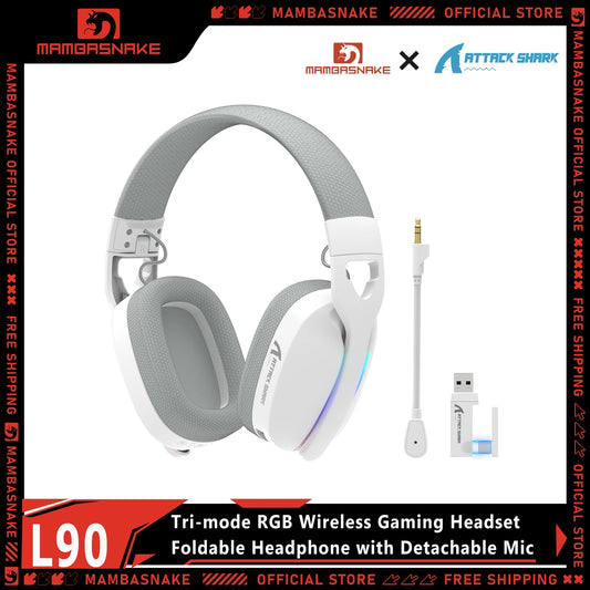 Auriculares gaming inalámbricos MAMBASNAKE x ATTACK SHARK L90 RGB – Tri-Mode Bluetooth 2.4G inalámbricos y con cable, auriculares gaming plegables con micrófono desmontable