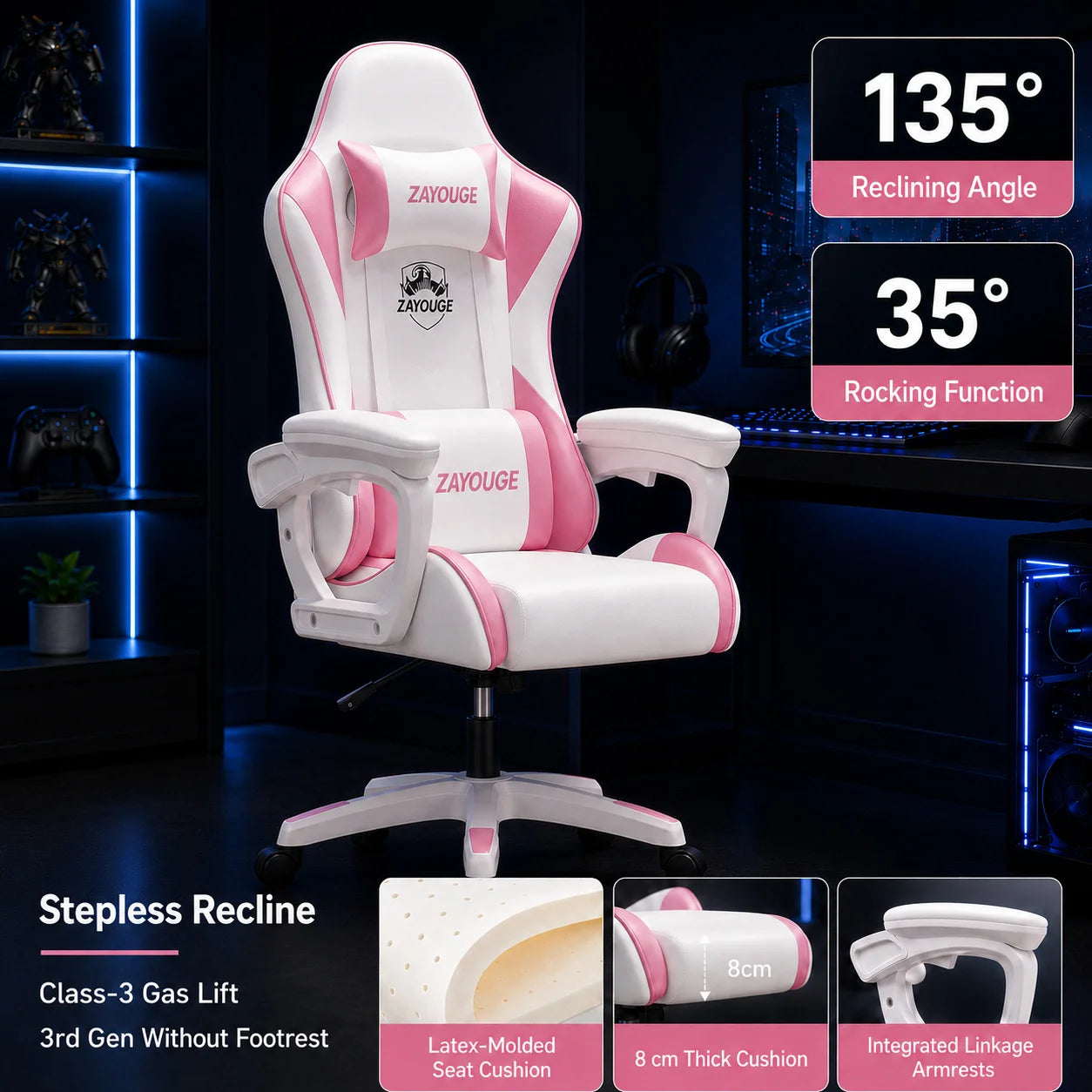 AOLIVIYA Gaming Reclining Chair Ergonomic Office Chair with Footrest, Adjustable Swivel Computer Chair, Racing Style E-Sports Gaming Seat