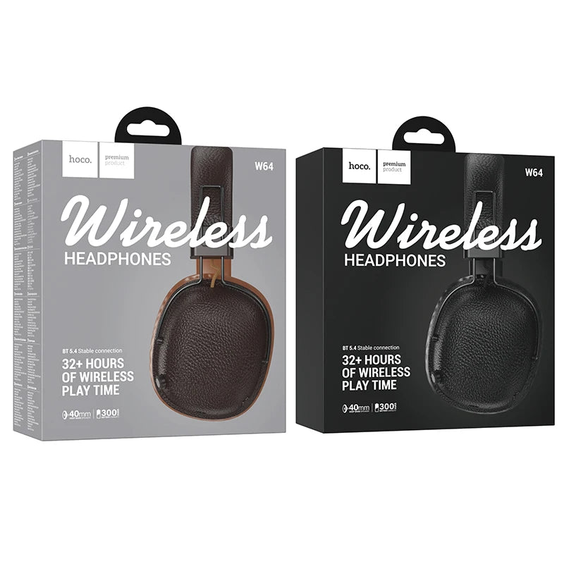 HOCO W64 Retro Bluetooth 5.4 Wireless Headphones with 40mm Deep Bass, PU Leather Over-Ear HiFi Music Headset for Sports & Travel