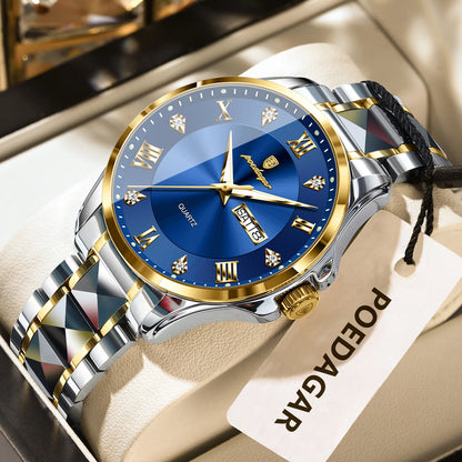 Relógio de homem POEDAGAR, modelo de luxo original, estanque, luminoso, com indicação da data e do dia, estilo elegante, caixa em aço inoxidável, movimento de quartzo, ideal para o trabalho.
