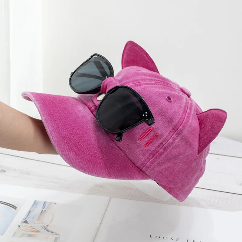 New Cat Ears Sunglasses Baseball Cap Y2K Cotton Washed Pilot Snapback Caps Gorras Women And Men Outdoor Sunshade Sun Hats Unisex