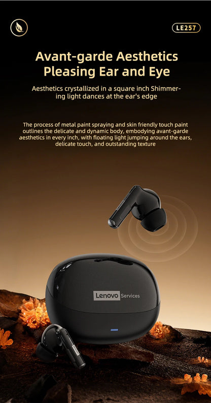 Lenovo LE257 TWS Wireless Bluetooth 6.0 Headphones with HiFi Sound, ENC Noise Reduction, Gaming Earbuds with Mic, Sports Waterproof Headset