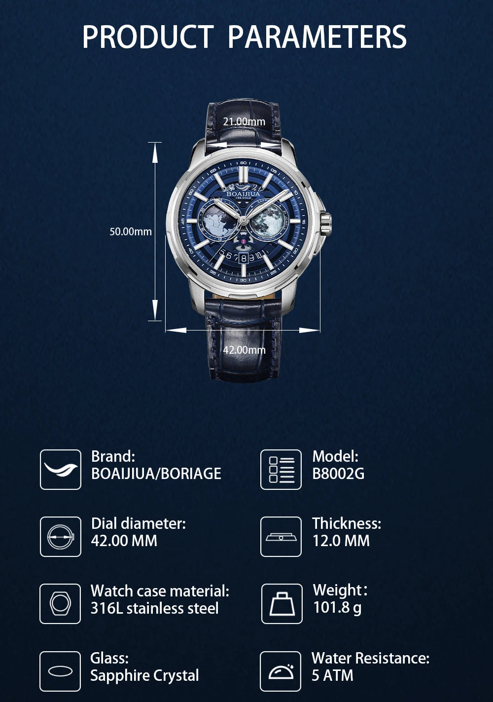 BORIAGE(BOAIJIUA) Fully Automatic Mechanical Men's Watch Original Design Mechanical Watches  Waterproof Luminous Wristwatch