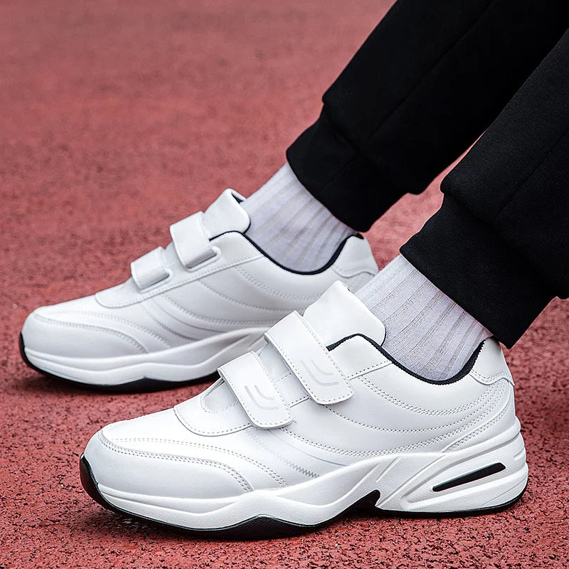 Men's Adjustable Hook and Loop Leather Sneakers Casual Sports Shoes White Sneakers Masculino Zapatillas Deportivas Tenis