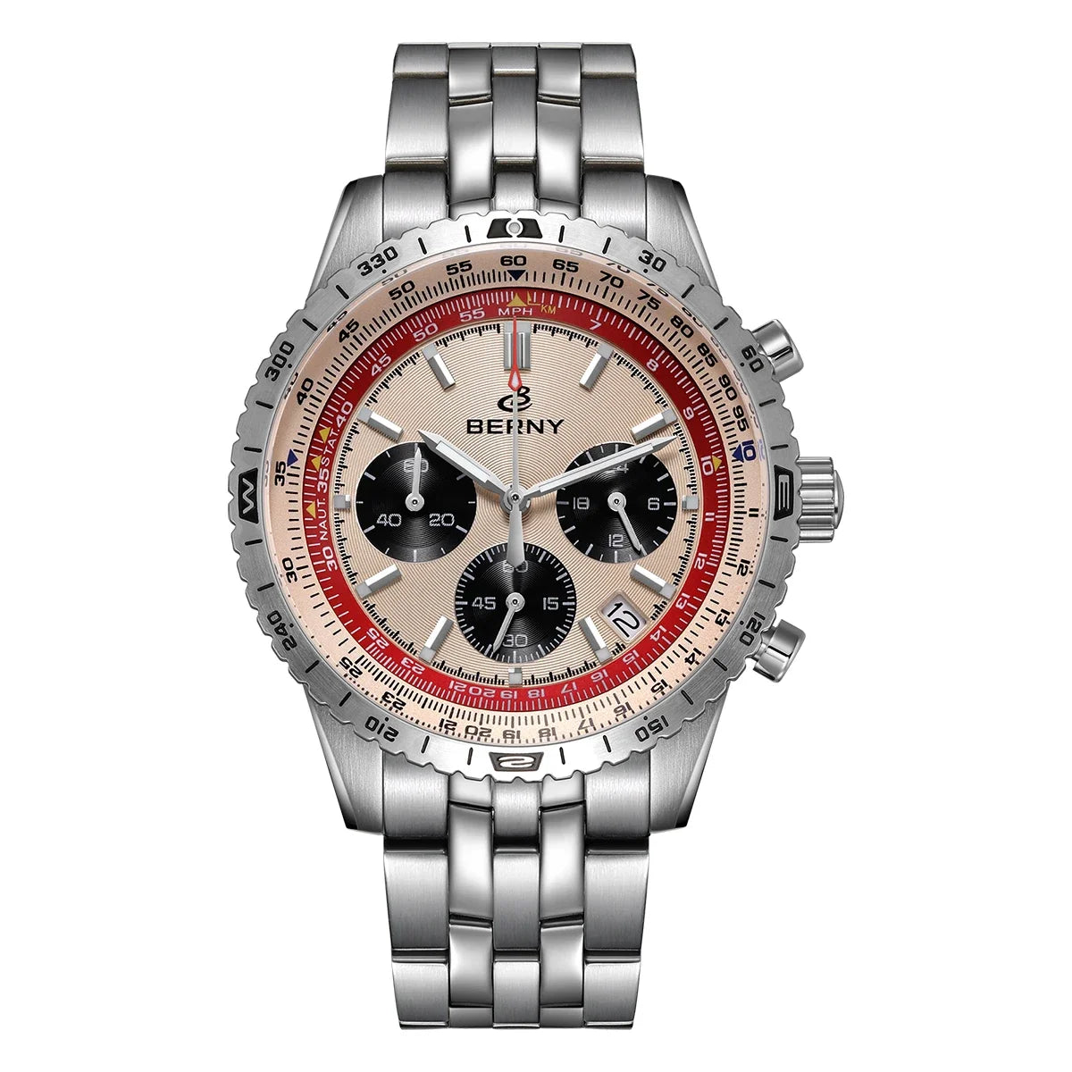 Męski zegarek chronograf BERNY – wielofunkcyjny zegarek kwarcowy w stylu lotniczym, wyposażony w datownik, szafirowe szkło i doskonałą luminescencję – luksusowy męski zegarek na rękę