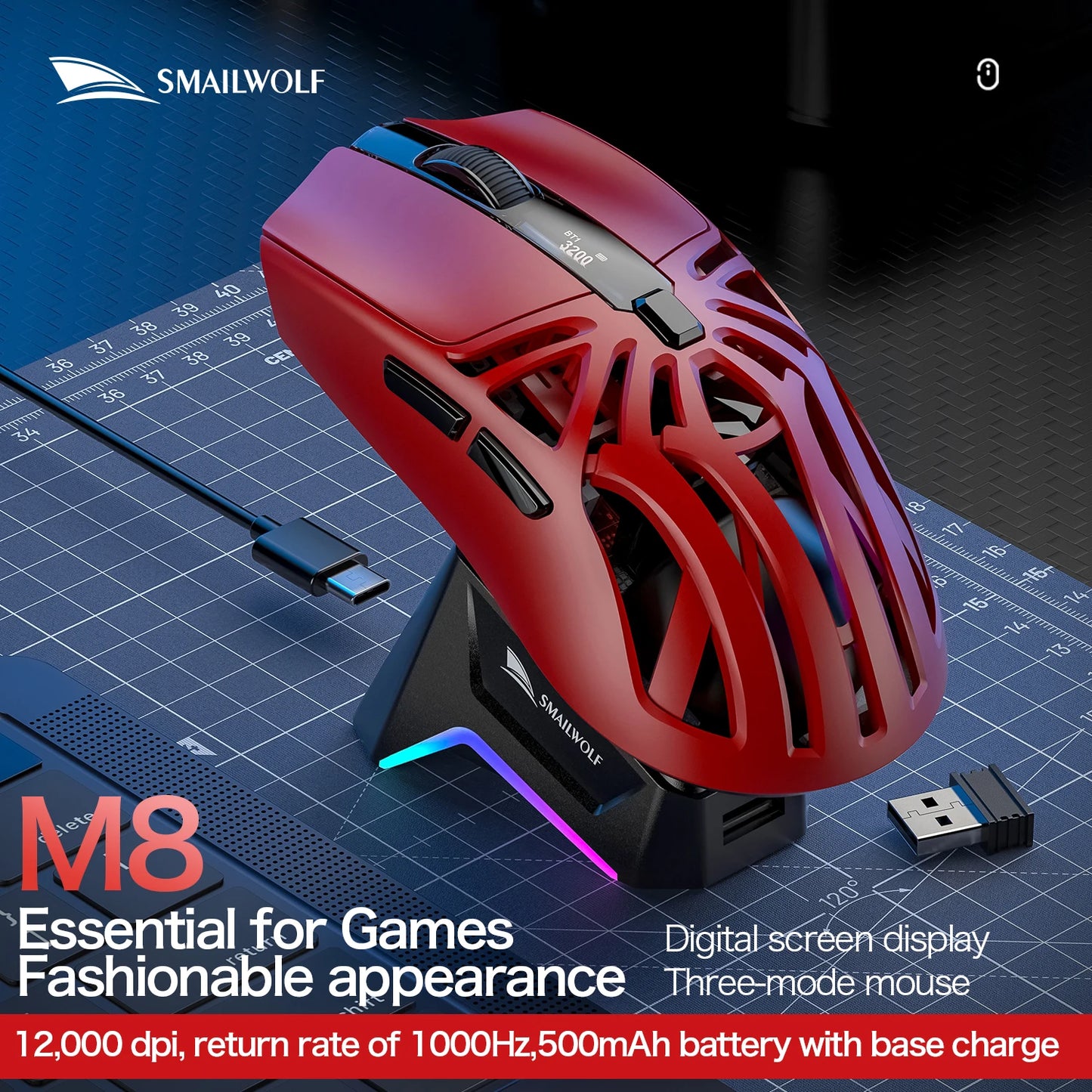 SMAILWOLF M8 Wireless Bluetooth Tri-Mode Gaming Mouse, 12000 DPI Lightweight RGB Gaming Mouse with PAW3311 Sensor, Magnetic Charging Dock