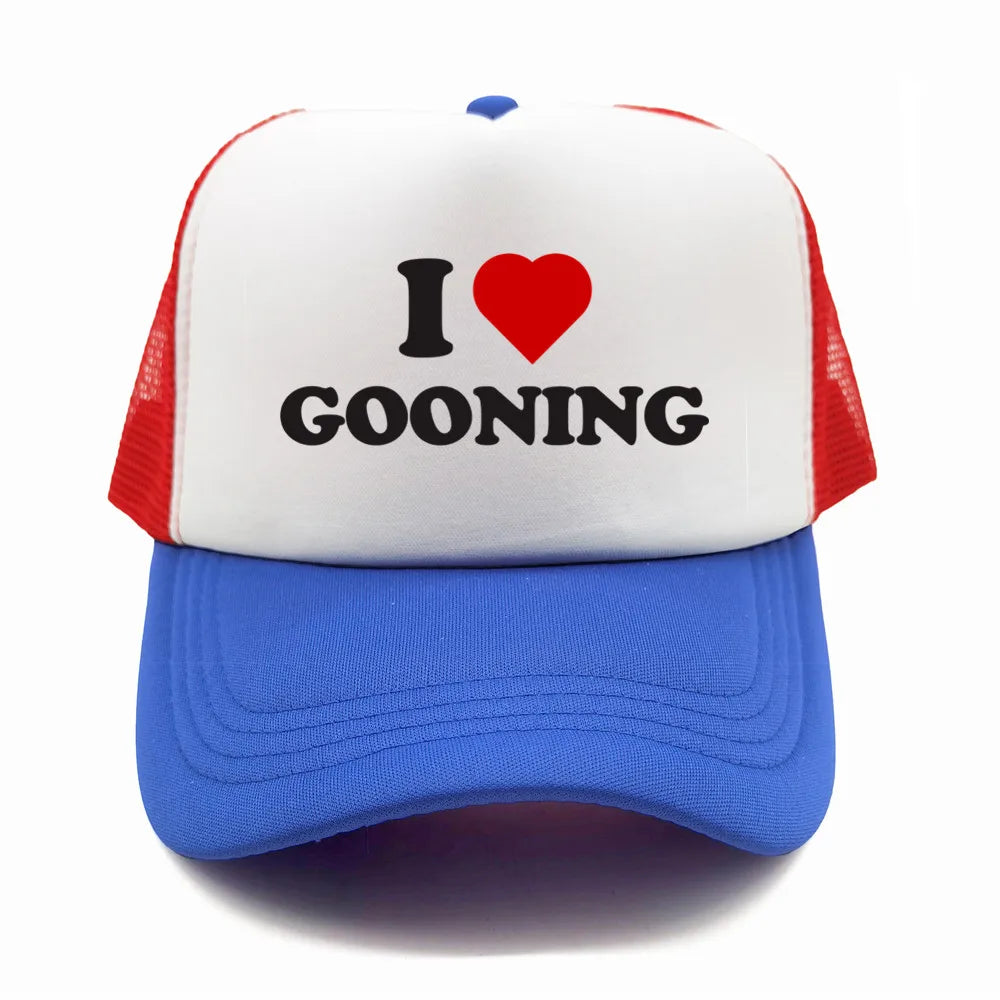Sjove „I Love Gooning“-baseballkasketter – Cool sommerhat til mænd i netstof – Humoristisk truckerkasket – Unisex udendørs kasketter i netstof – MZ-080