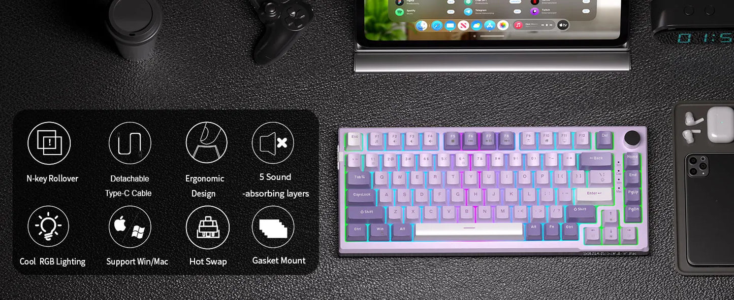 MageGee SKY81 Teclado mecánico gaming 75%, RGB, gasket, hot swappable, con cable, personalizable, sonido cremoso, amortiguación acústica y perilla