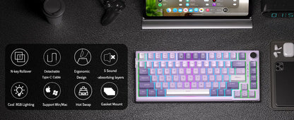 MageGee SKY81 Teclado mecánico gaming 75%, RGB, gasket, hot swappable, con cable, personalizable, sonido cremoso, amortiguación acústica y perilla