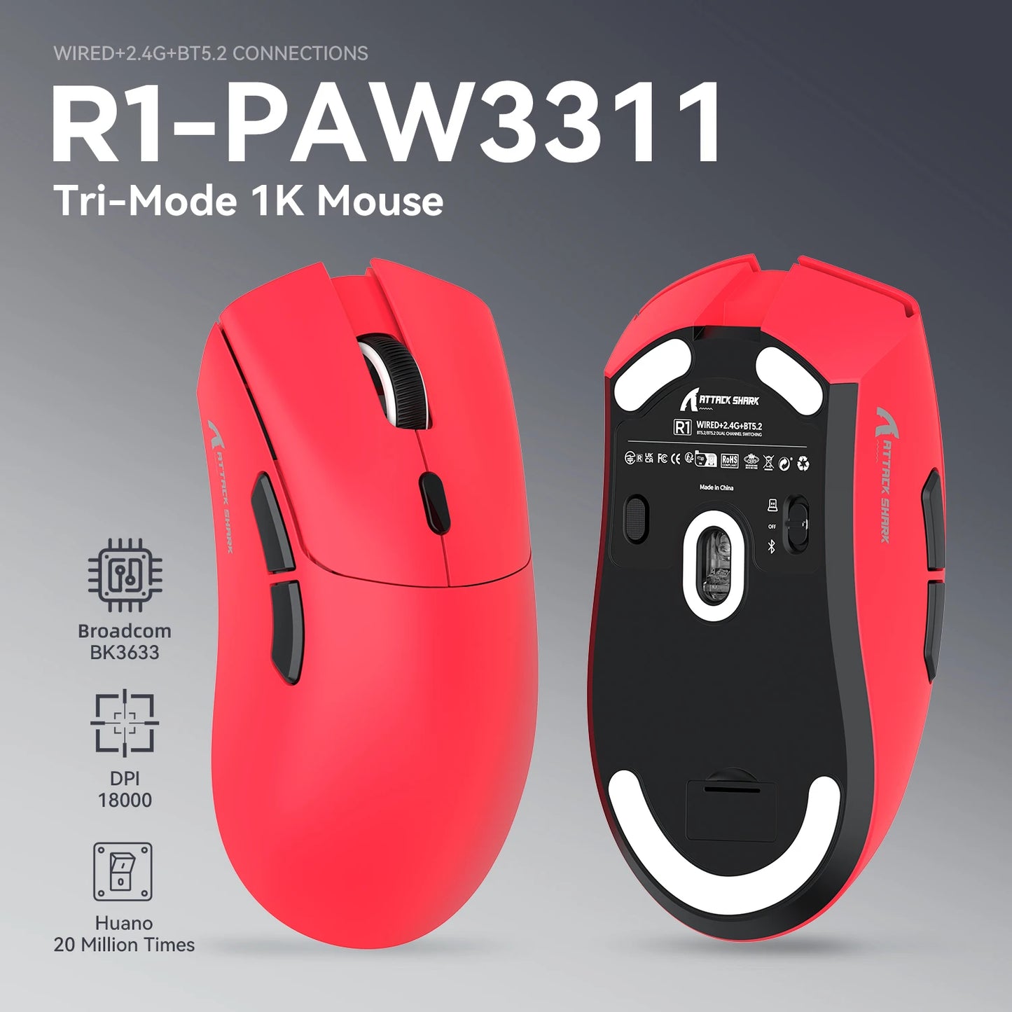 ATTACK SHARK R1 Tri-Mode Gaming Mouse, 59g Ultralight Wireless Gaming Mouse, PixArt PAW3311 Sensor, 18000 DPI, Bluetooth, 2.4GHz & Wired RGB Gaming Mouse