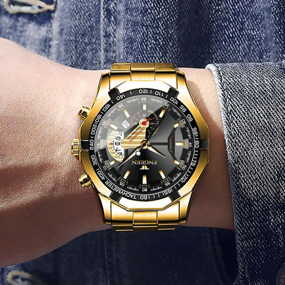 BINBOND luxury quartz wristwatch for men, luminous, water-resistant, automatic date, stainless steel