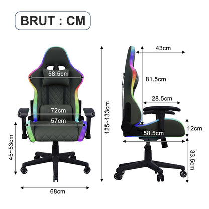 LED Gaming Chair Ergonomic Office Chair with Adjustable Backrest, PU Leather Computer Chair with Lumbar Support Cushion, Footrest & Headrest