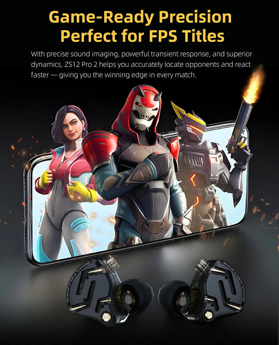 Auriculares intraaurales híbridos KZ ZS12 PRO 2 – Auriculares gaming con cable, graves HiFi y drivers superlineales