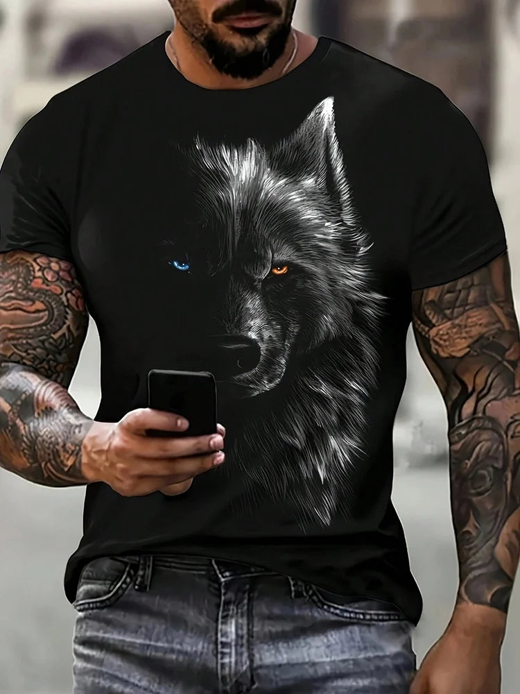 T-shirt da uomo con stampa 3D lupo, girocollo casual, maniche corte, tessuto traspirante e confortevole, abbigliamento streetwear outdoor da uomo