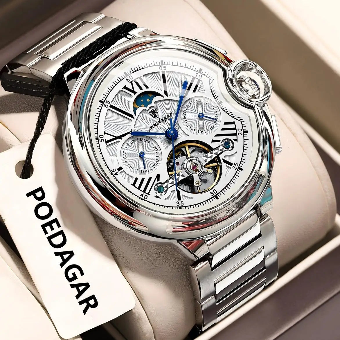 POEDAGAR herenhorloge, luxe en professionele stijl, met datum- en dagweergave, tourbillon, roestvrijstalen kast, automatisch mechanisch uurwerk en waterdicht.