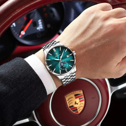 Luksusowy zegarek męski POEDAGAR, styl swobodny, ze stali nierdzewnej, z mechanizmem kwarcowym, wodoodporny, podświetlany, z datownikiem, elegancki.