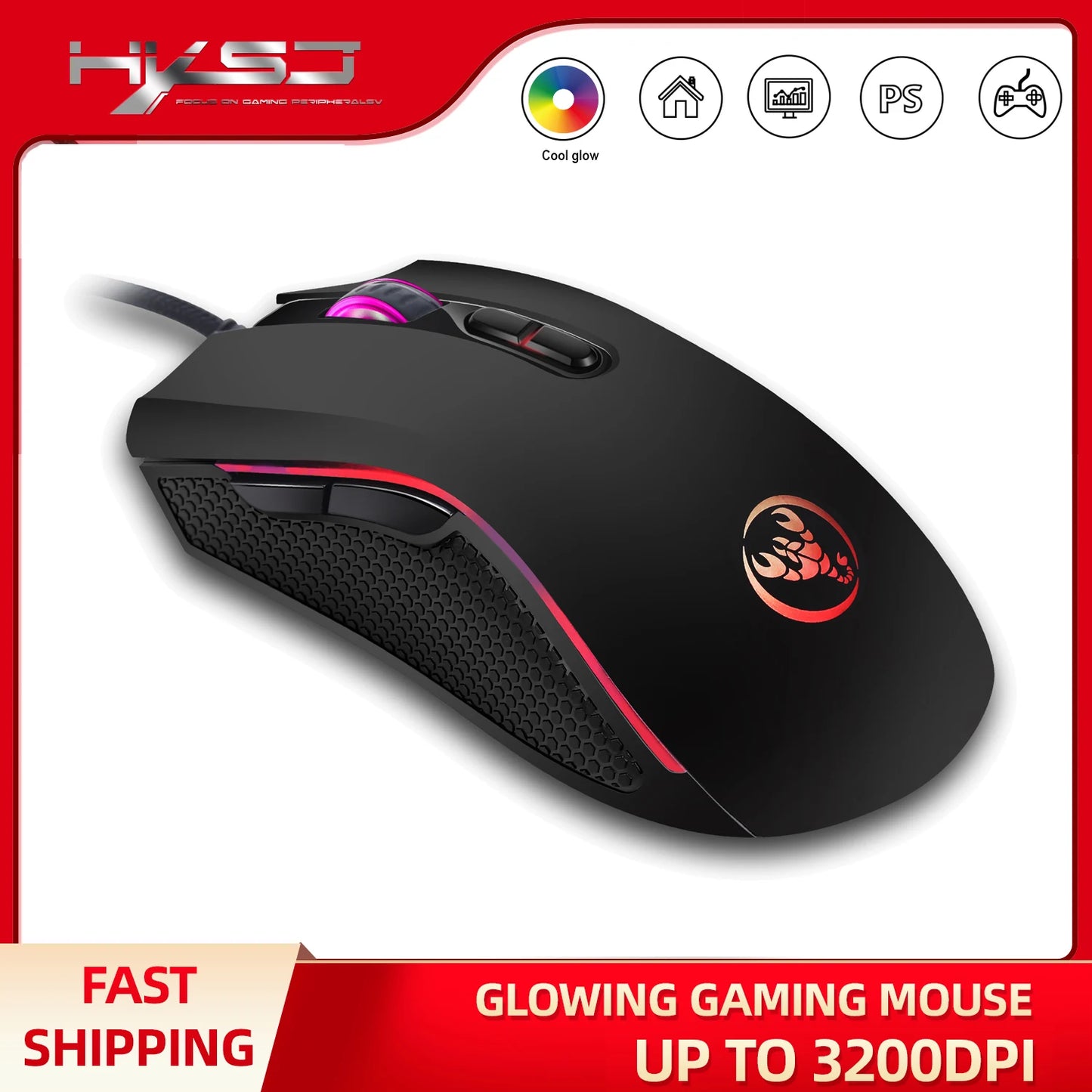 Populärt val HXSJ A869 optisk ergonomisk RGB-gamingmus i ABS med trådbunden anslutning och 4-nivåers upplösningsjustering för laptop och PC