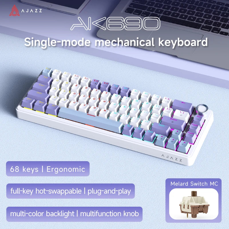AJAZZ AK690 Clavier mécanique à 65 %, toutes les touches remplaçables à chaud, filaire USB Plug-and-Play, rétroéclairage mixte, 68 touches, clavier gaming pour ordinateur portable et PC