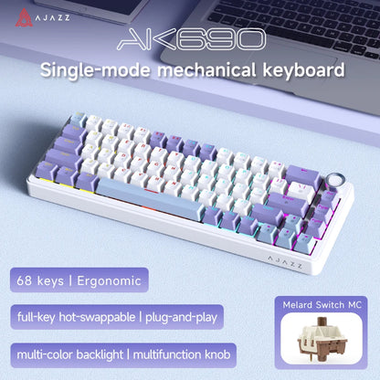 AJAZZ AK690 Clavier mécanique à 65 %, toutes les touches remplaçables à chaud, filaire USB Plug-and-Play, rétroéclairage mixte, 68 touches, clavier gaming pour ordinateur portable et PC