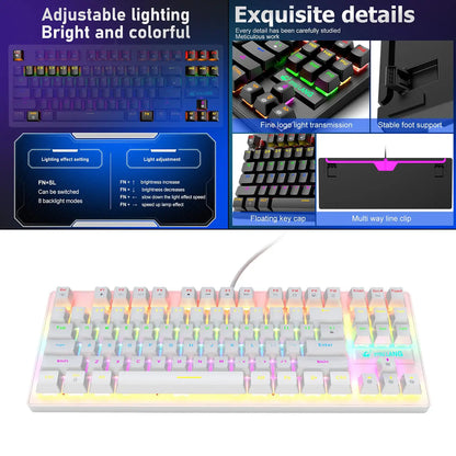USB Mechanical Gaming Keyboard with Rainbow Backlit, Anti-Ghosting Keys, Blue Switches, Detachable Panel, Compact Wired Gaming Keyboard for PC Desktop