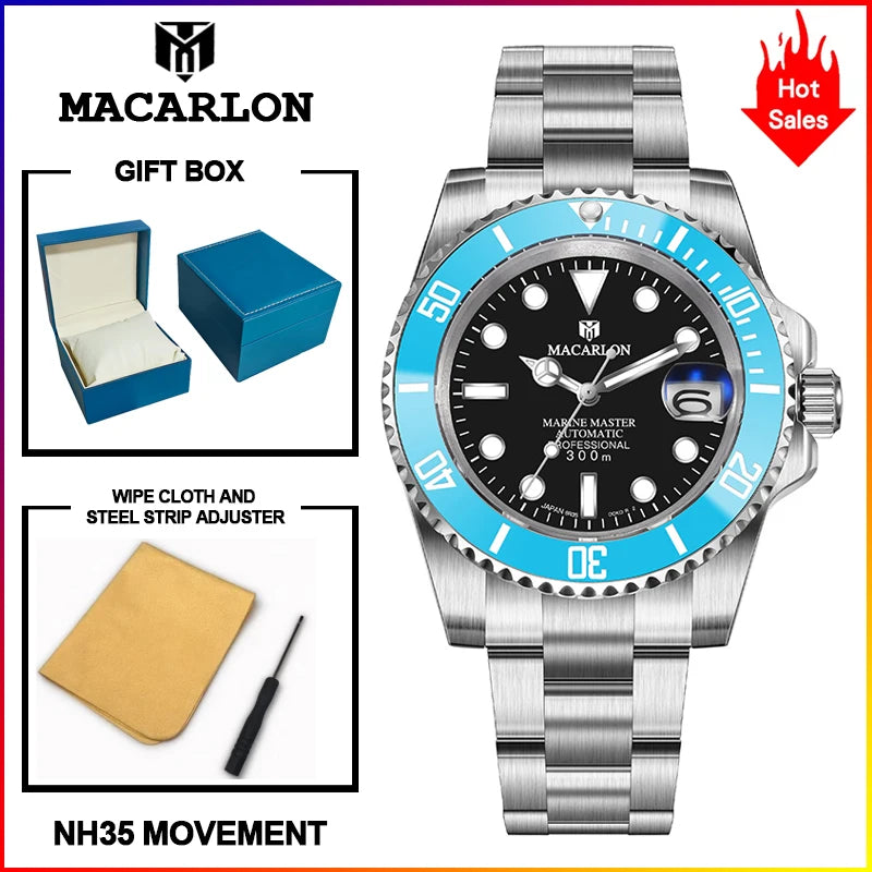 MACARLON Design New 41mm Mechanical Watch Men Sapphire Glass Luminous Stainless Steel Waterproof China NH35 Automatic Watch TOP