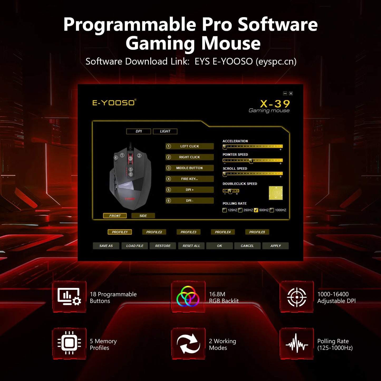 E-YOOSO X-39 Programmable Gaming Mouse RGB Wired Mouse with 17 Buttons, Adjustable DPI, Removable Weights, Ergonomic Gaming Mouse for PC