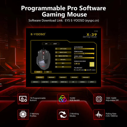 E-YOOSO X-39 Programmable Gaming Mouse RGB Wired Mouse with 17 Buttons, Adjustable DPI, Removable Weights, Ergonomic Gaming Mouse for PC