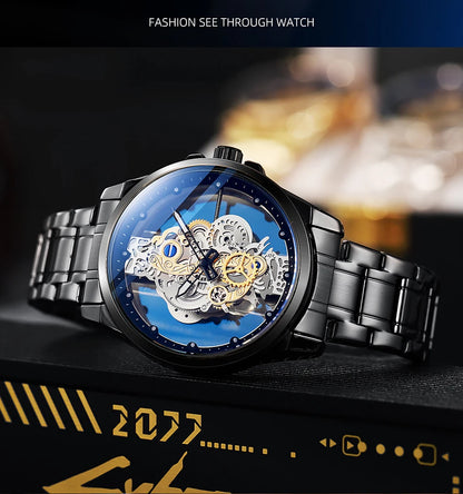 TPW Hot Trendy Fashion Wholesale Men Golden Black Blue Skeleton NOT Automatic Watch Quartz Wrist Watches Luxury 2024