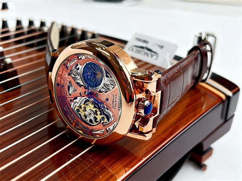  Top Luxury Moon Phase Men's Watches Original Mechanical Leather Men Clock Date Week Hollow Tourbillon Automatic Man Watch