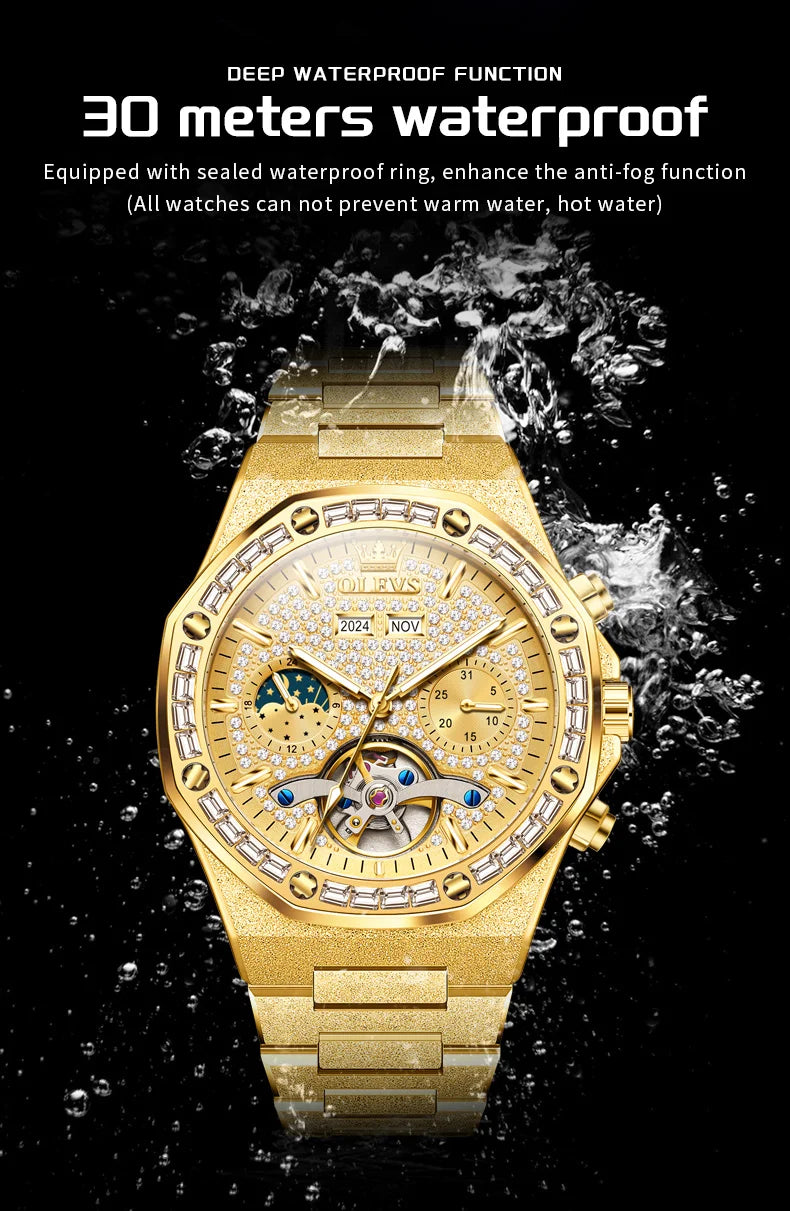 OLEVS 9805 Mens Watch Original Brand Tourbillon Automatic Mechanical Watch Diamond Dial Waterproof Moon Phase Watches For Men