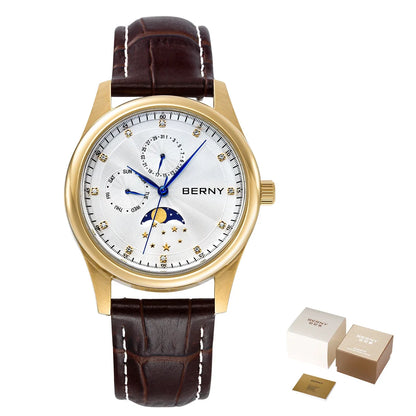 BERNY Men Watch Date Weeks Moon Phase Quartz Watches for Men Stainless Steel Leather Strap Business Wristwatch Male Clock