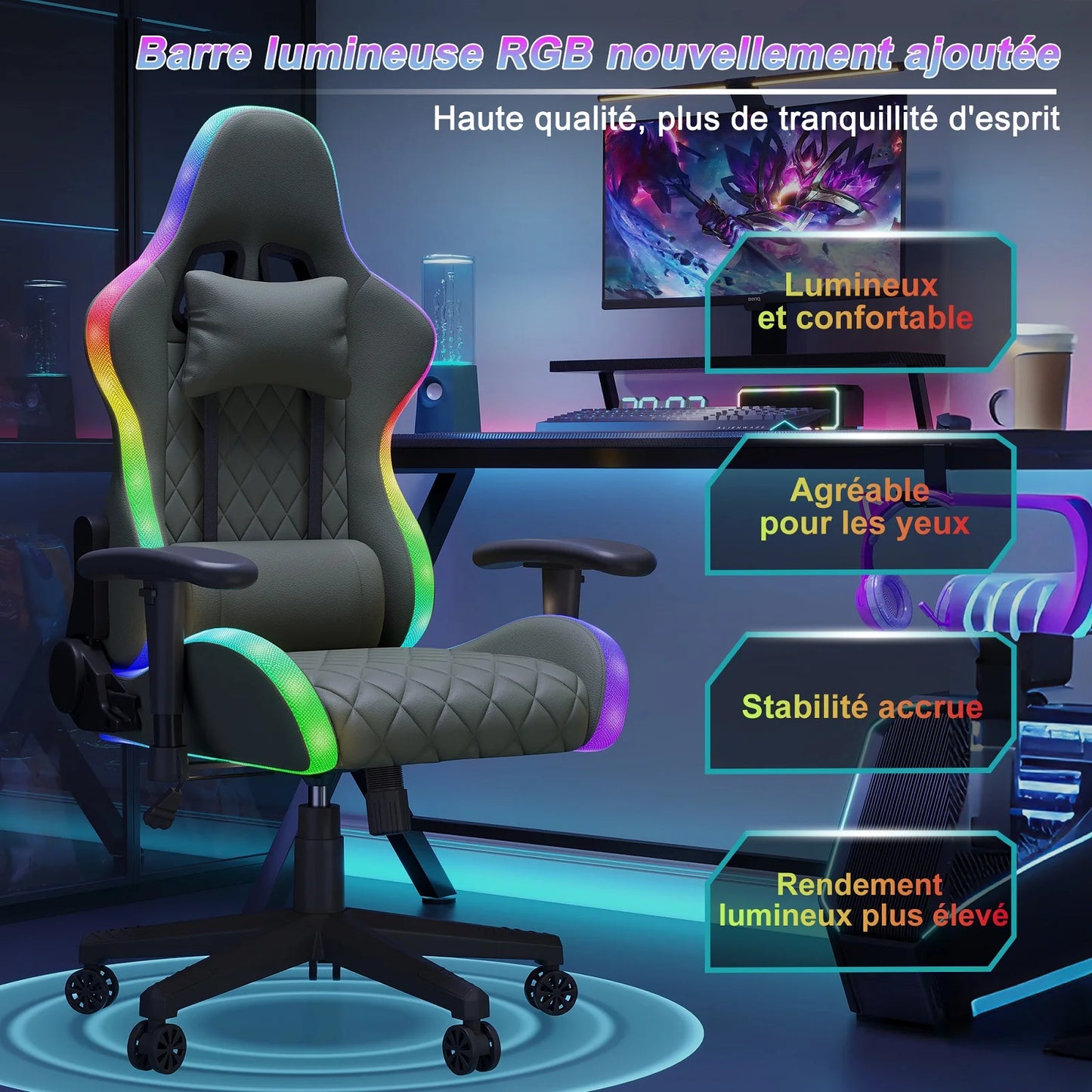 LED Gaming Chair Ergonomic Office Chair with Adjustable Backrest, PU Leather Computer Chair with Lumbar Support Cushion, Footrest & Headrest