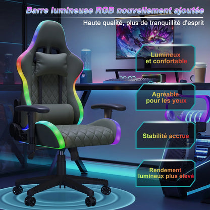 LED Gaming Chair Ergonomic Office Chair with Adjustable Backrest, PU Leather Computer Chair with Lumbar Support Cushion, Footrest & Headrest