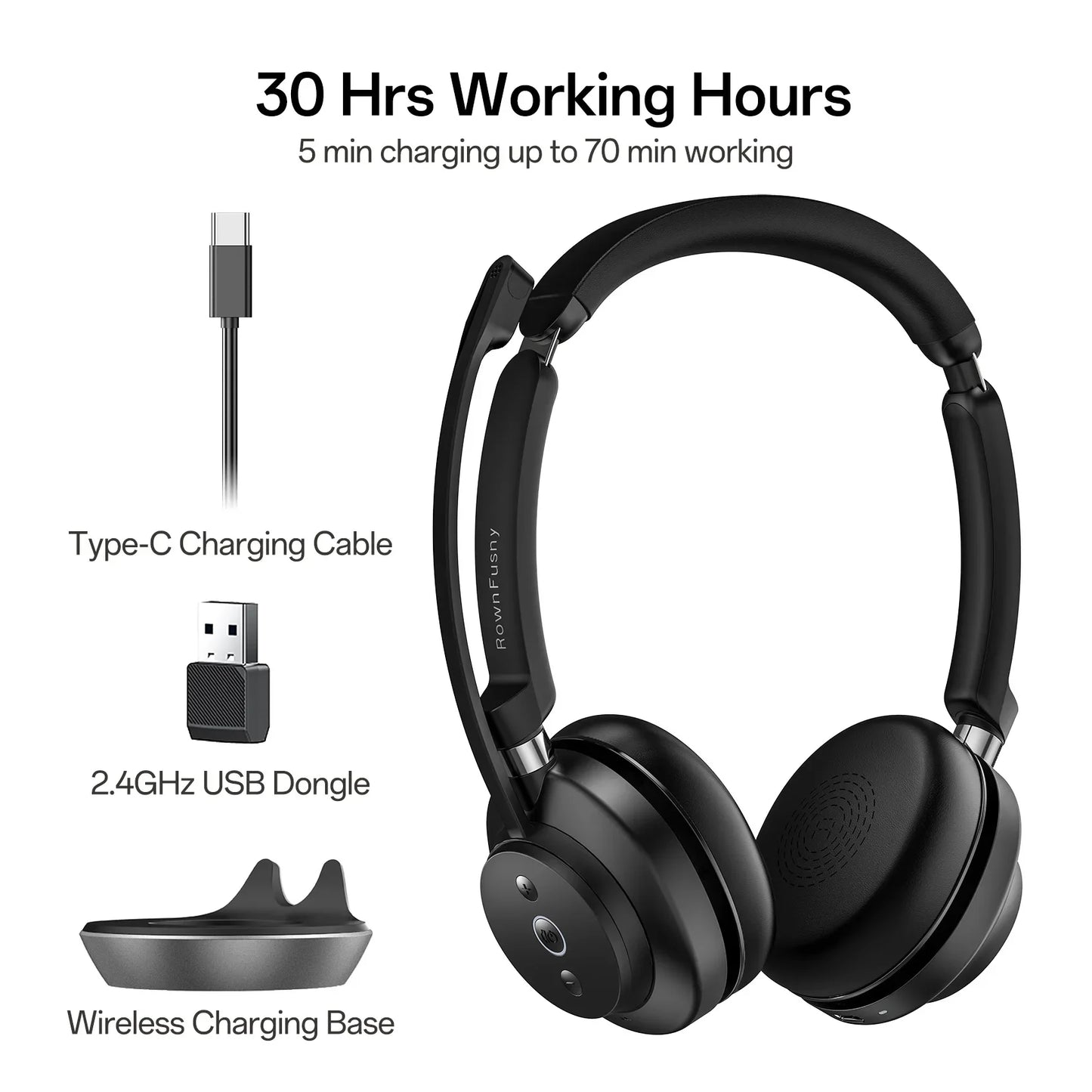 Rownfusny Wireless Headset with Mic for Work Bluetooth Over Ear Headphones USB Dongle for Computer/Remote Work/Call Center