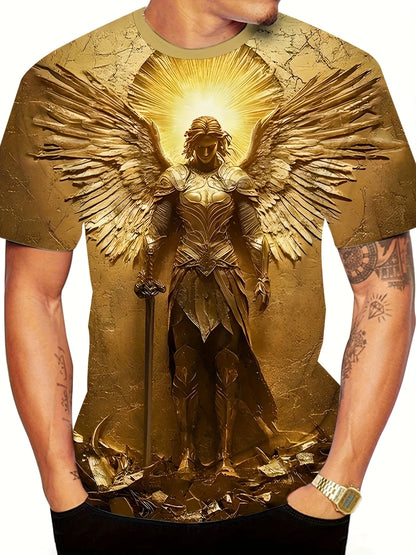Mens 3d Angel Warrior Graphic T Shirt Golden Sword Design 3D Printed Tshirt For Men Clothes Wing Ornate Border Unisex Tee Tops