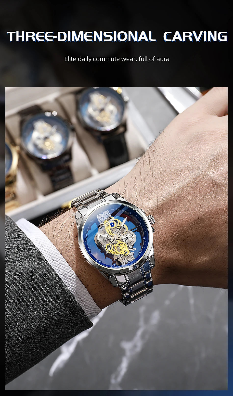 TPW Hot Trendy Fashion Wholesale Men Golden Black Blue Skeleton NOT Automatic Watch Quartz Wrist Watches Luxury 2024
