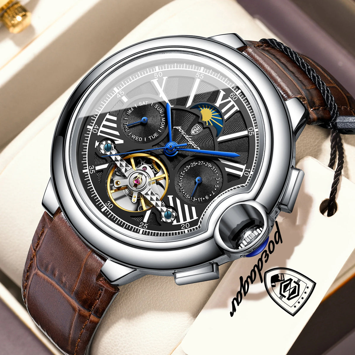Montre de luxe pour homme POEDAGAR – Modèle automatique mécanique avec affichage de la date et du jour, bracelet en cuir, tourbillon, étanche, style élégant et professionnel.