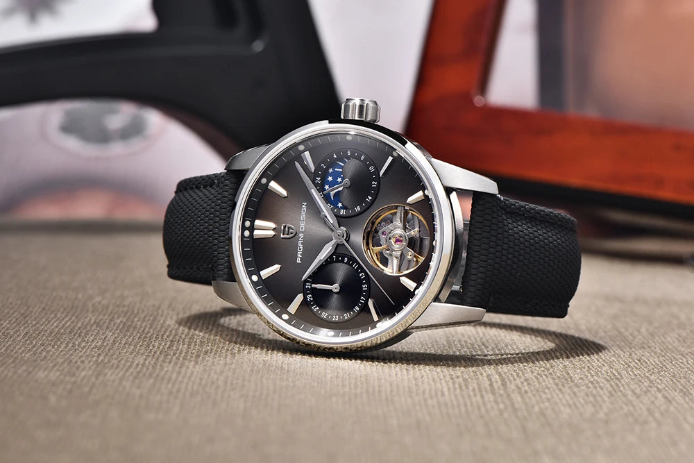 PAGANI DESIGN – Relógio mecânico de luxo para homem, 41 mm, vidro de safira, bracelete em pele, estanque, estilo piloto, com turbilhão e fase lunar