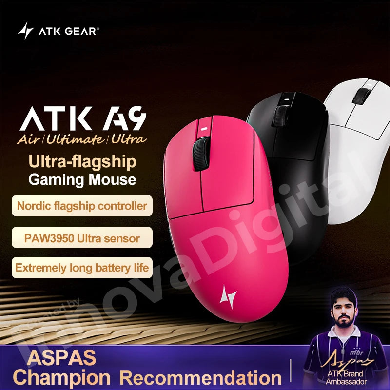 ATK Dragonfly A9 Ultimate безжична геймърска мишка A9 Air PAW3950, ултралека ергономична e-sports мишка за FPS геймъри, CSGO A9 Ultra