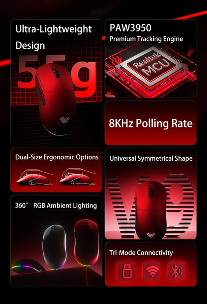 AULA V9 Ultra Wireless Gaming Mouse PAW3950, 8K Polling Rate, Tri-Mode Lightweight Ergonomic Gaming Mouse for PC & Esports