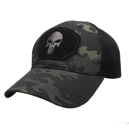 Camouflage-baseballkasket i netstof, åndbar, specialstyrke-taktisk camouflagehat med dødningehoved og and-skærm