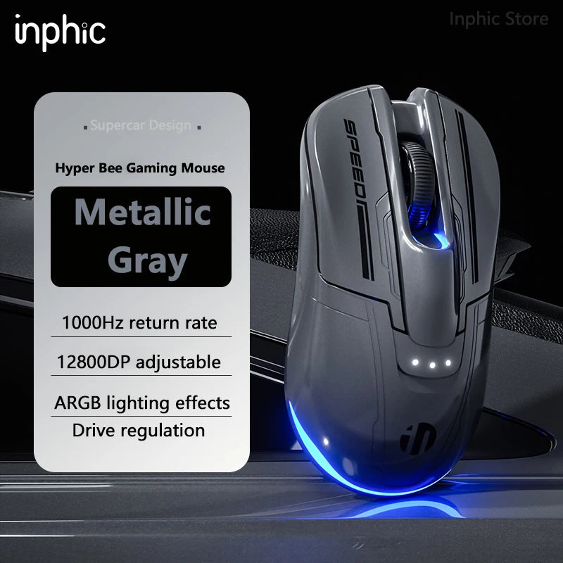 INPHIC Super Racing Car Series Wireless Bluetooth Gaming Mouse, 12800 DPI Rechargeable RGB Gaming Mouse with Battery Display, Customizable Wireless Mouse