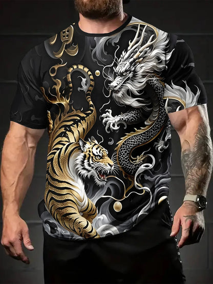 T-shirt gráfica de verão para homem S com design de duelo entre dragão e tigre, manga curta casual, moda 2025, gola redonda