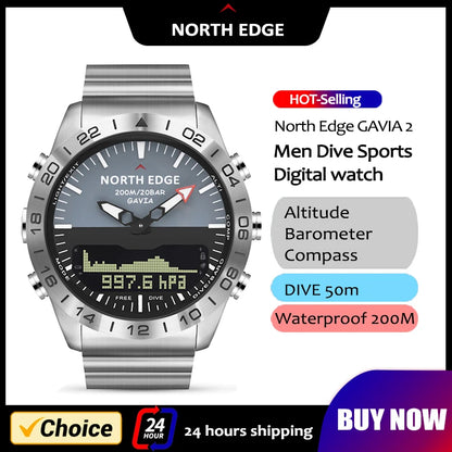 NORTH EDGE Herren-Taucheruhr Military Army Luxury aus Vollstahl – Smartwatch mit Kompass, Höhenmesser, Barometer, digitaler Uhr, wasserdicht bis 200m