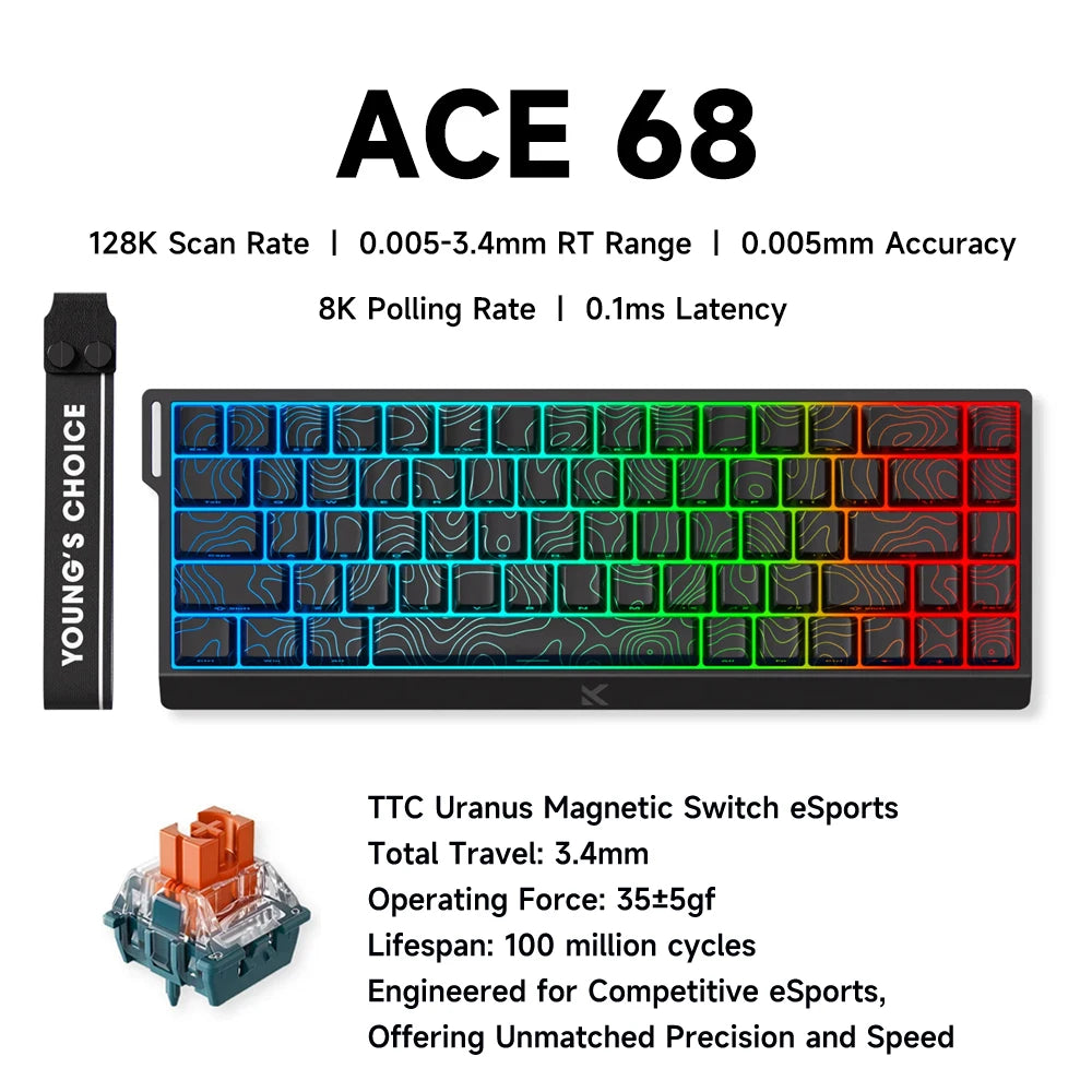 Teclado gaming MCHOSE ACE 68 con switches magnéticos Hall Effect, Rapid Trigger, RGB programable, 8K Hz y funciones DKS/MT/TGL/RS/SOCD