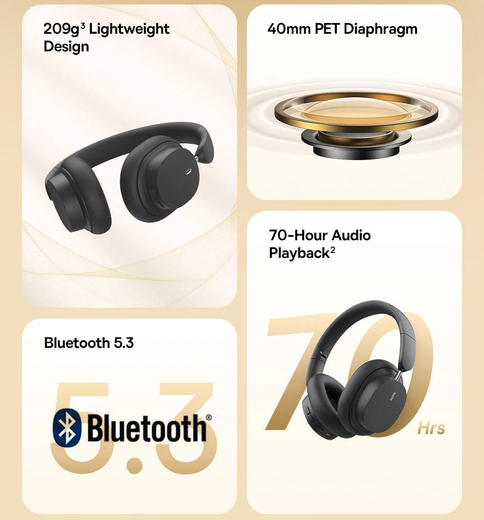 Auriculares inalámbricos Bluetooth 5.3 circumaurales Baseus – Diafragma HiFi de 40mm, auriculares plegables con 70H de reproducción y audio espacial