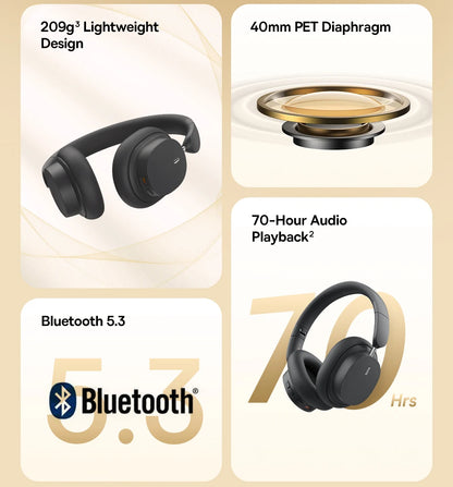 Auriculares inalámbricos Bluetooth 5.3 circumaurales Baseus – Diafragma HiFi de 40mm, auriculares plegables con 70H de reproducción y audio espacial