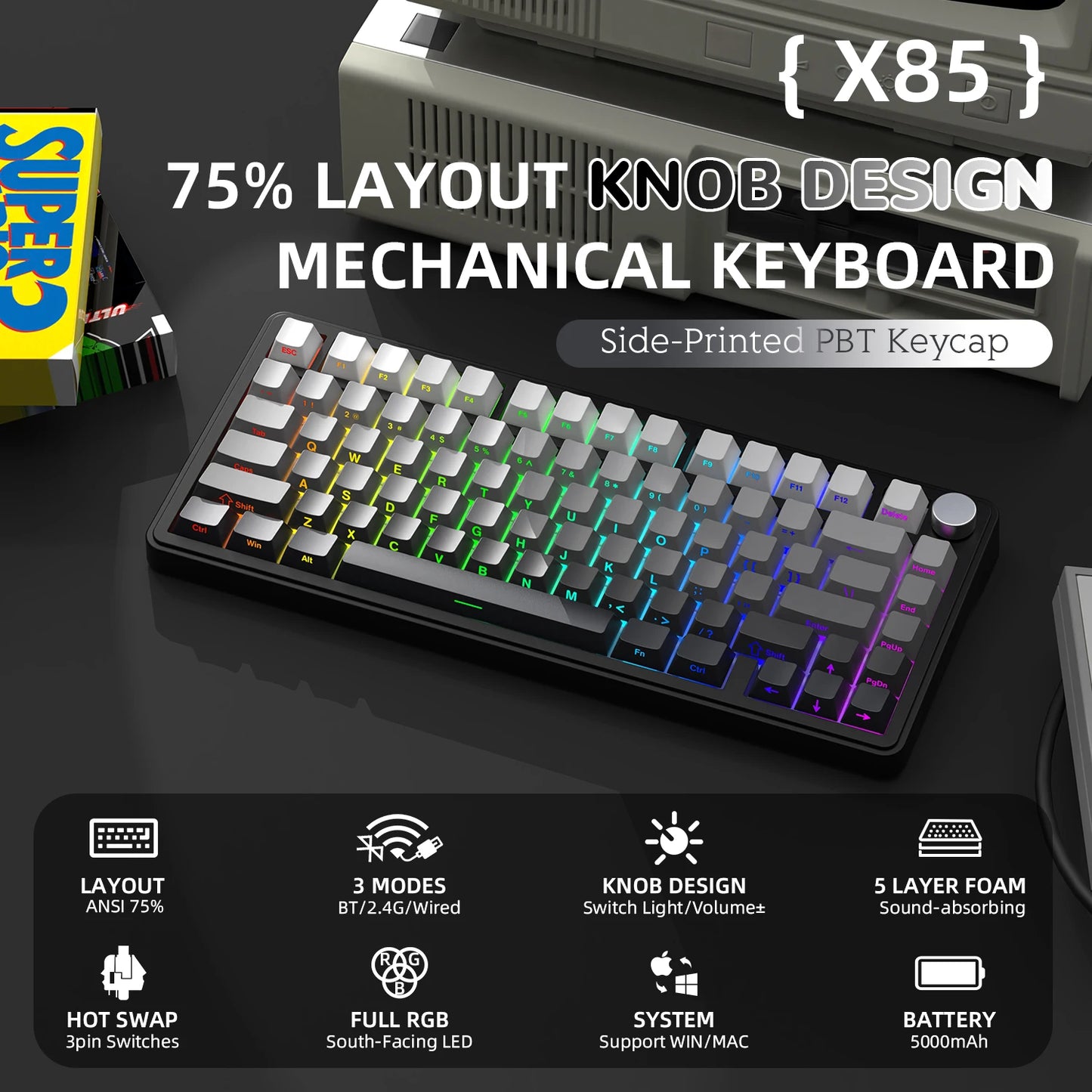 ATTACK SHARK X85 Tri-Mode-Gasket 75% mechanische Tastatur mit CNC-Drehknopf, 5-lagiger Dämpfung, Hot-Swap-Funktion, RGB-Hintergrundbeleuchtung, NKRO