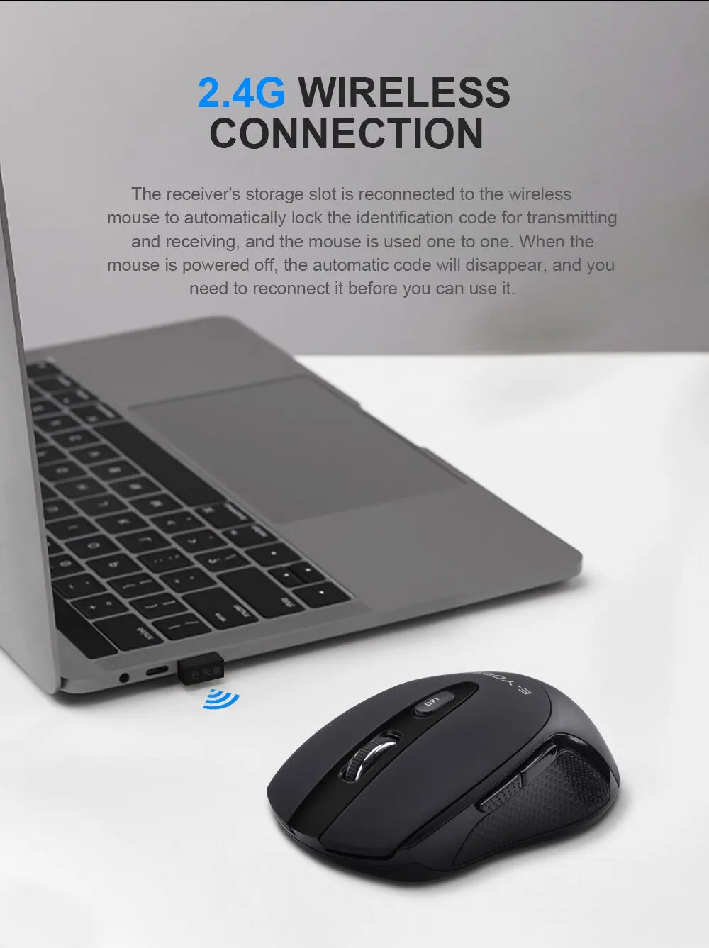 E-YOOSO E-1020 Wireless Gaming Mouse 2400 DPI Silent Click Ergonomic USB Mouse for Laptop PC Computer, 2.4G Wireless Optical Mouse