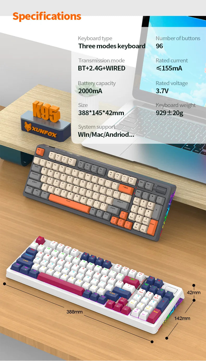 Wireless Mechanical Keyboard 96 Keys 100% Layout Spanish Russian Korean Arabic Mechanical Keyboard Bluetooth RGB K95 2000mAh